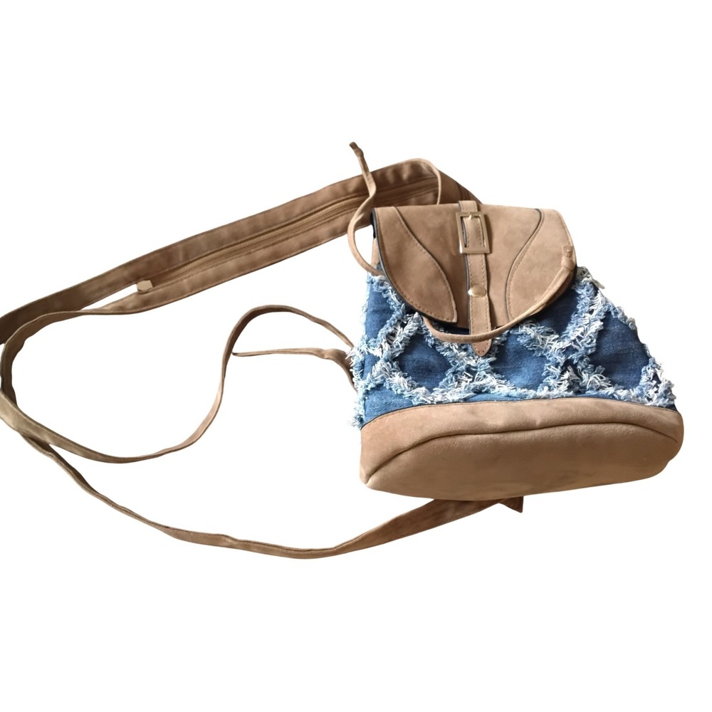 Boho Denim Frayed Diamond Mini Backpack Sling Bag Tan Faux Suede Blue Brown